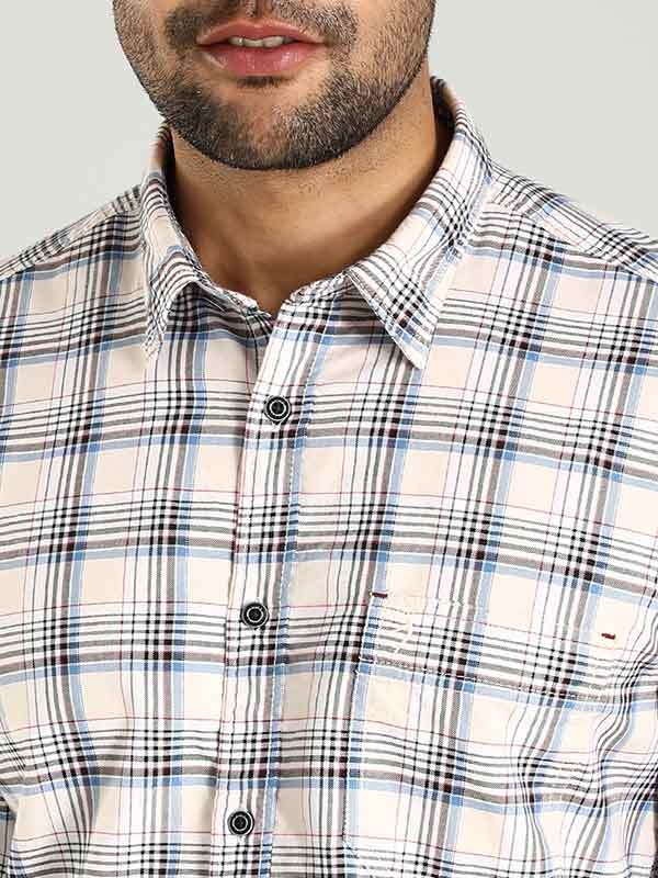 Indian Terrain Men's Regular Fit Full Sleeve Checkered Off White Shirt